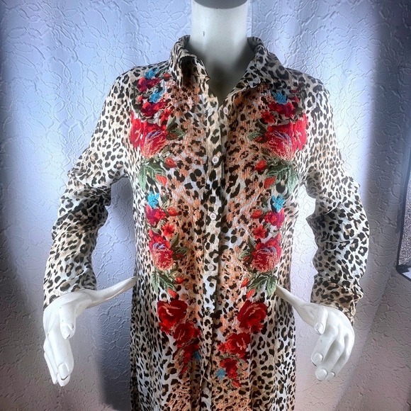 Unbranded Dresses & Skirts - Savanna Jane Leopard Floral Embroidered Button Down Maxi Shirt Dress Size M